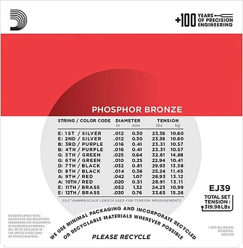 D'Addario EJ39 Phosphor Bronze (12-52) Комплект струн для 12-струнной акустической гитары.